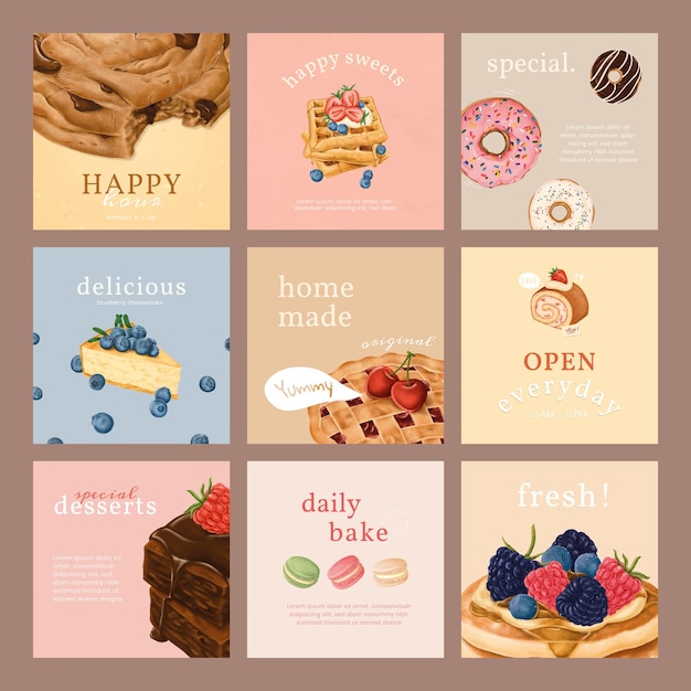 Kostenloser Vektor handgezeichnetes bäckerei-instagram-anzeigenvorlagenpaket