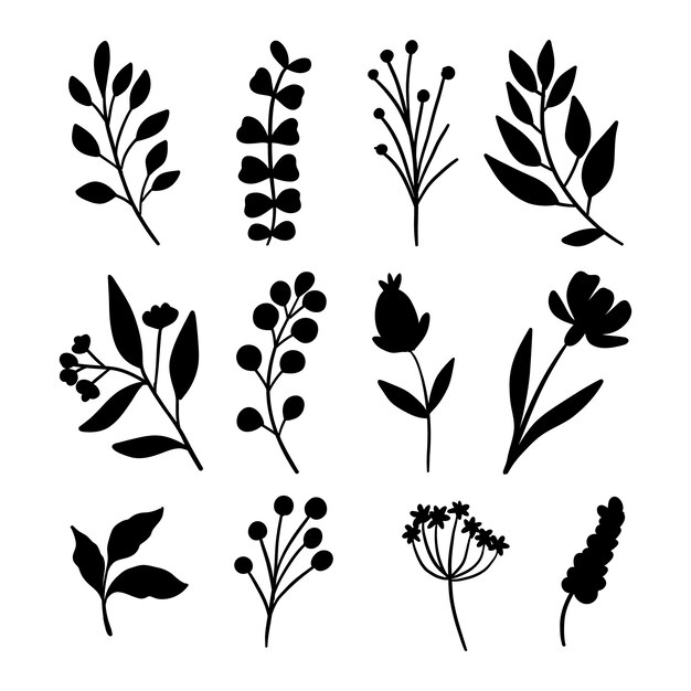 Handgezeichnetes Blumen-Silhouette-Set