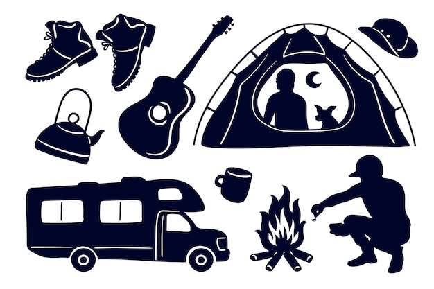 Kostenloser Vektor handgezeichnetes camping-silhouetten-set