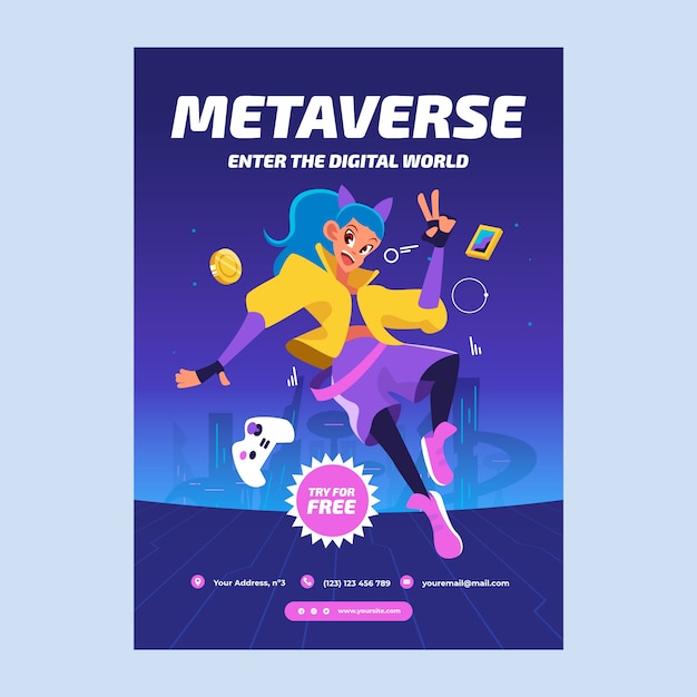 Kostenloser Vektor handgezeichnetes dynamisches metaverse-poster