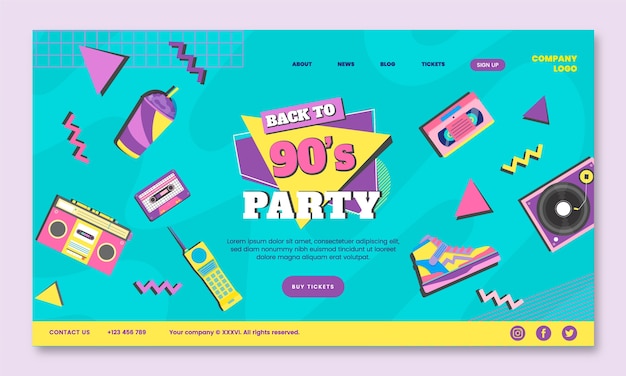 Handgezeichnetes flaches Design 90er Party Landing Page