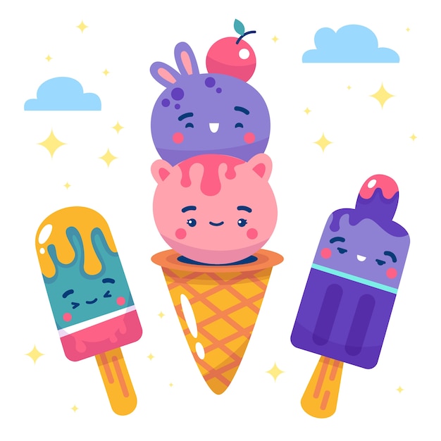 Handgezeichnetes flaches design kawaii eiscreme-illustrationen