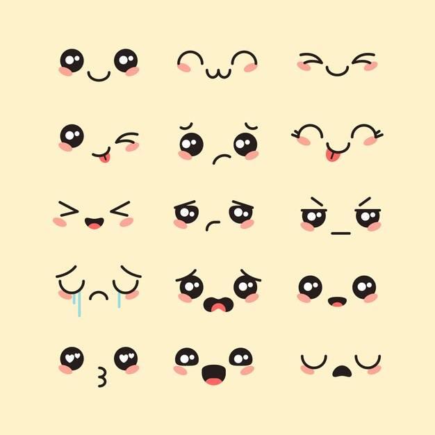 Handgezeichnetes flaches Design kawaii Gesichtskollektion