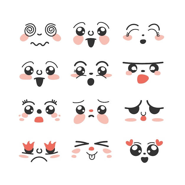 Handgezeichnetes flaches Design kawaii Gesichtskollektion