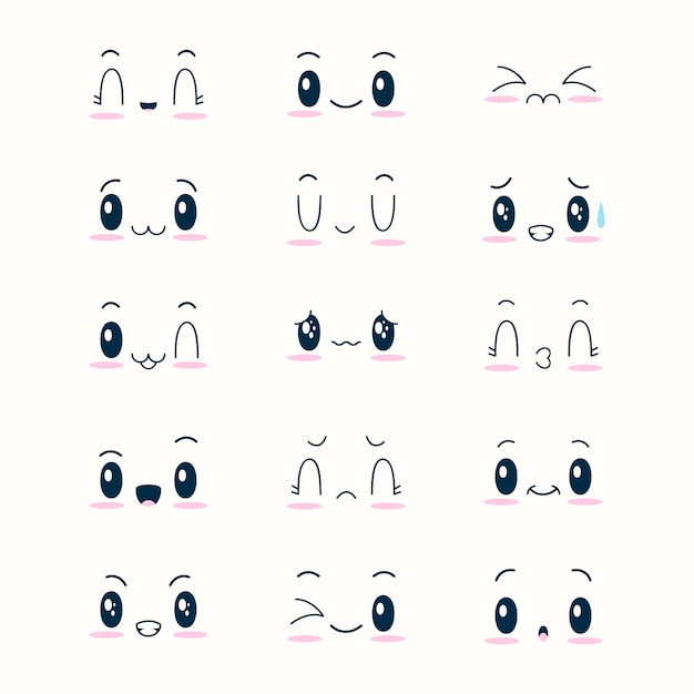 Handgezeichnetes flaches Design kawaii Gesichtskollektion
