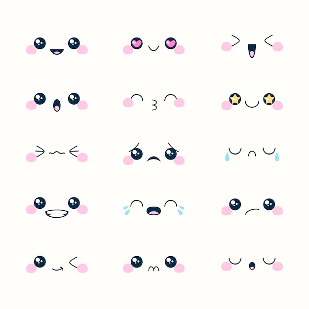 Handgezeichnetes flaches Design kawaii Gesichtskollektion
