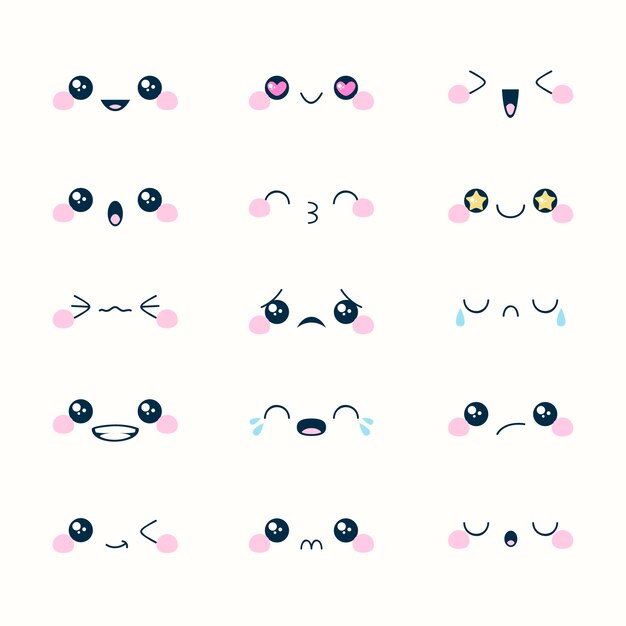 Handgezeichnetes flaches Design kawaii Gesichtskollektion