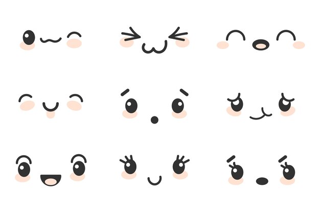 Handgezeichnetes flaches Design kawaii Gesichtskollektion