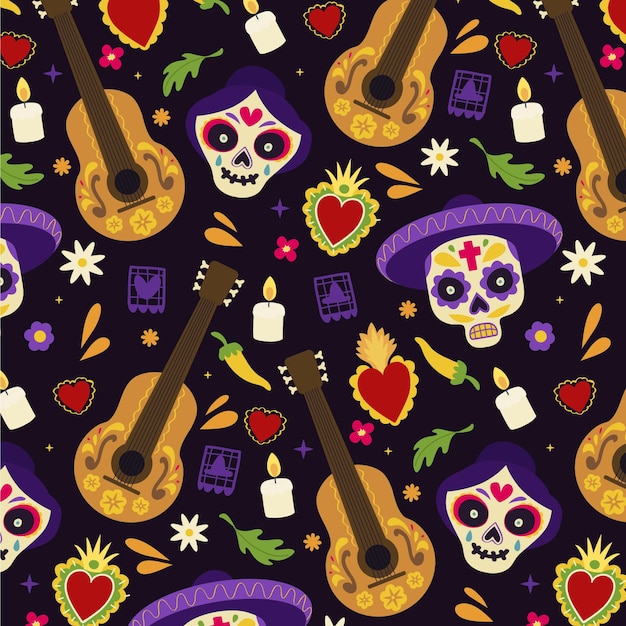 Handgezeichnetes flaches dia de muertos-musterdesign