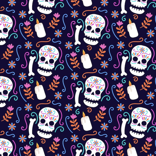 Kostenloser Vektor handgezeichnetes flaches dia de muertos-musterdesign