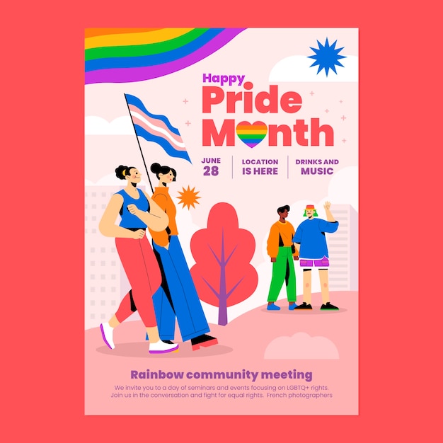 Kostenloser Vektor handgezeichnetes flaches lgbt pride day poster oder flyer