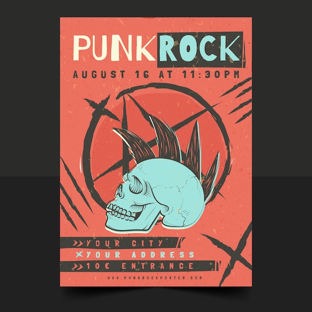 Kostenloser Vektor handgezeichnetes flaches punkrock-plakatdesign