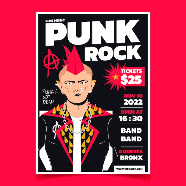 Kostenloser Vektor handgezeichnetes flaches punkrock-plakatdesign