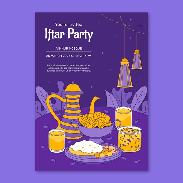Handgezeichnetes Iftar-Party-Einladungsmuster für die islamische Ramadan-Feier.
