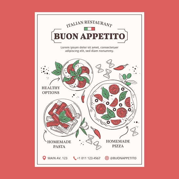 Kostenloser Vektor handgezeichnetes italienisches restaurantplakat