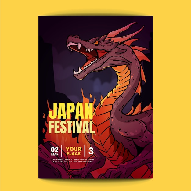 Kostenloser Vektor handgezeichnetes japanisches drachen-poster-design