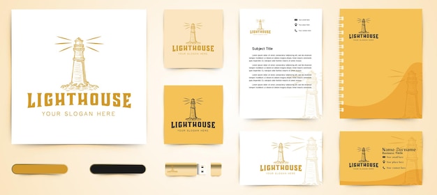 Kostenloser Vektor handgezeichnetes leuchtturm-logo und business-branding-vorlage designs inspiration isoliert auf weißem hintergrund