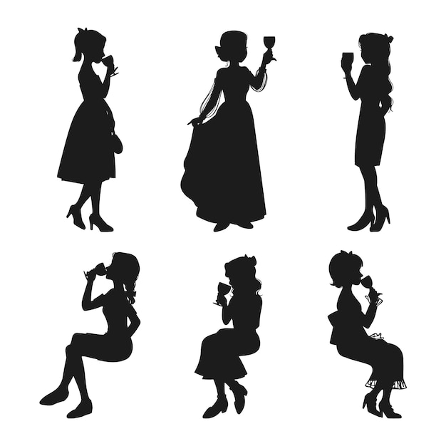 Kostenloser Vektor handgezeichnetes mädchen trinkt wein silhouette illustration