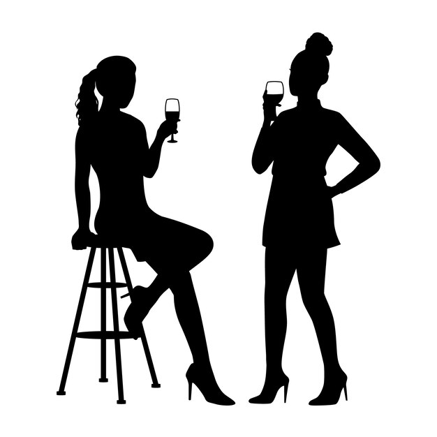 Handgezeichnetes Mädchen trinkt Wein Silhouette Illustration