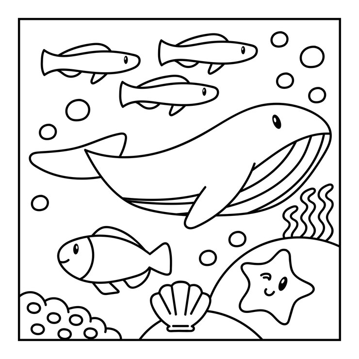 Handgezeichnetes Malbuch unter der Meerestierillustration