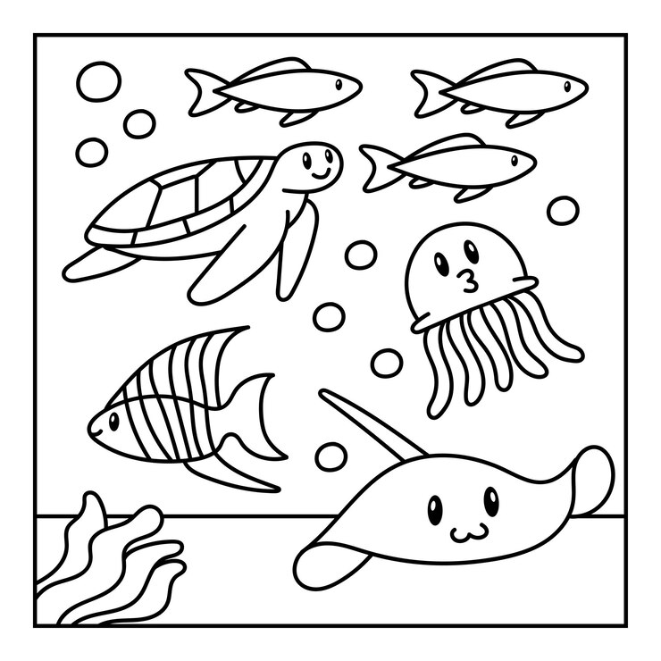Handgezeichnetes Malbuch unter der Meerestierillustration