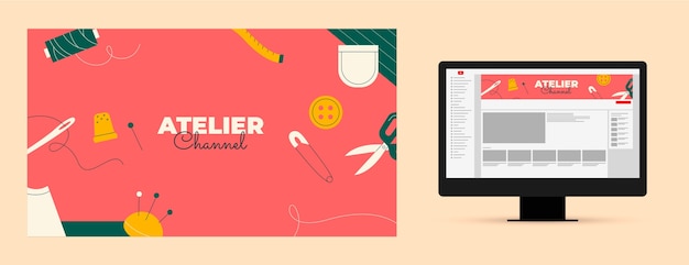 Kostenloser Vektor handgezeichnetes nähatelier youtube-kanalkunst