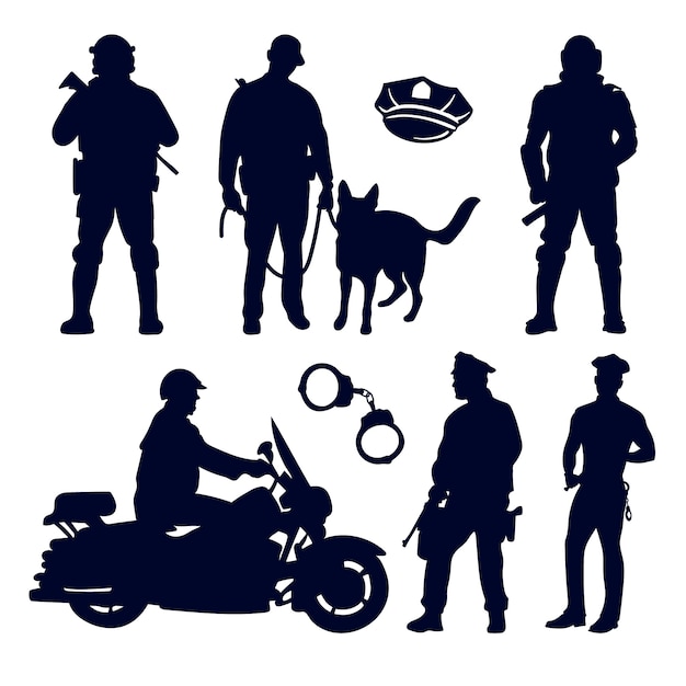 Kostenloser Vektor handgezeichnetes polizisten-silhouetten-set