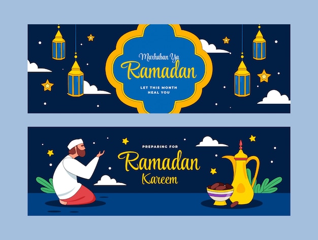 Kostenloser Vektor handgezeichnetes ramadan-paket mit horizontalen bannern