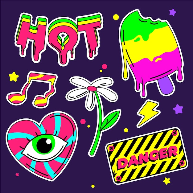 Handgezeichnetes rave-sticker-set