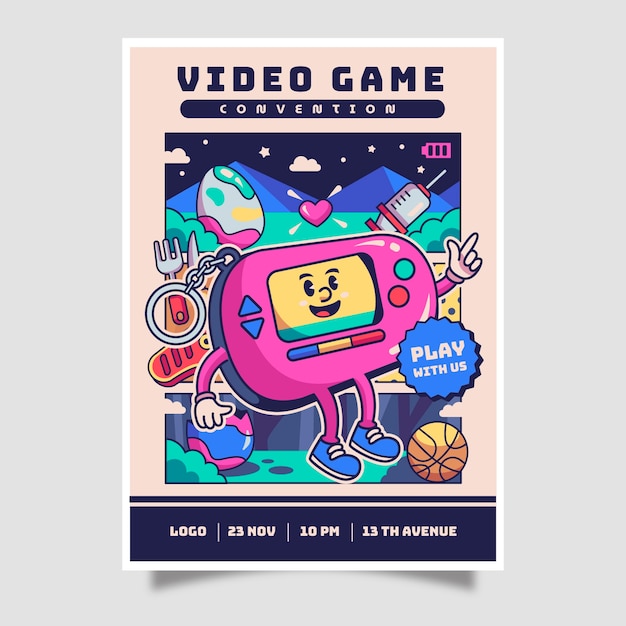 Kostenloser Vektor handgezeichnetes retro-gaming-poster