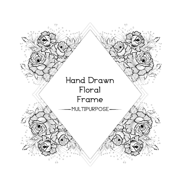 Handgezeichnetes Schwarzweiss-Blumenrahmenentwurf