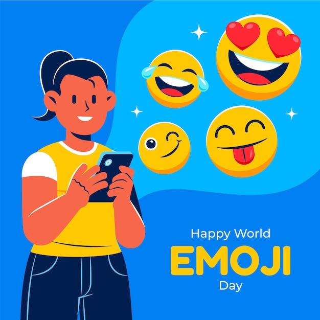 Handgezeichnetes Welt-Emoji-Tagesmädchen mit Telefonillustration