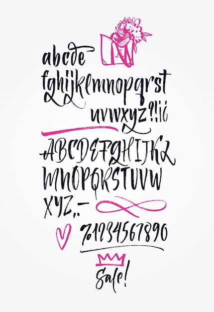 Handschriftliche Schriftschrift. Pinsel Schriftart. Großbuchstaben, Zahlen, Interpunktion