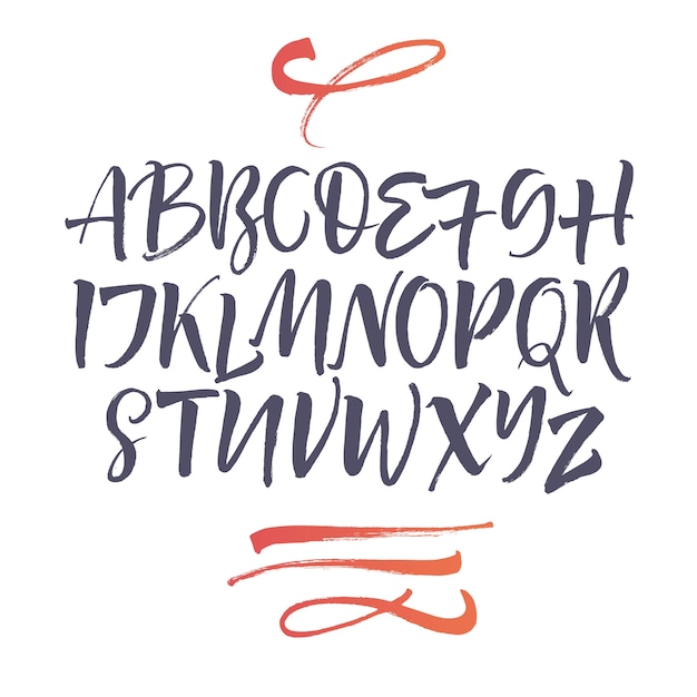 Handschriftliche Schriftschrift. Pinsel Schriftart. Großbuchstaben, Zahlen, Interpunktion