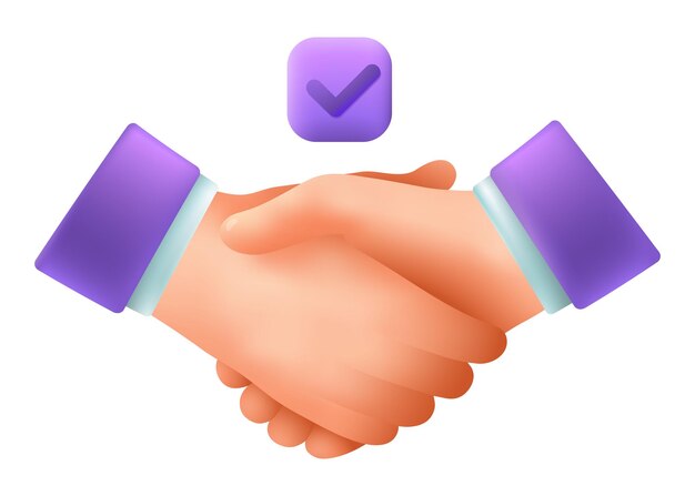 Handshake-Geste 3D-Cartoon-Stil-Ikone. Geschäftsleute oder Partner, die sich die Hände schütteln, erfolgreiche Deal-Flachvektorillustration machen, Partnerschaft, Vereinbarung, Teamwork-Konzept
