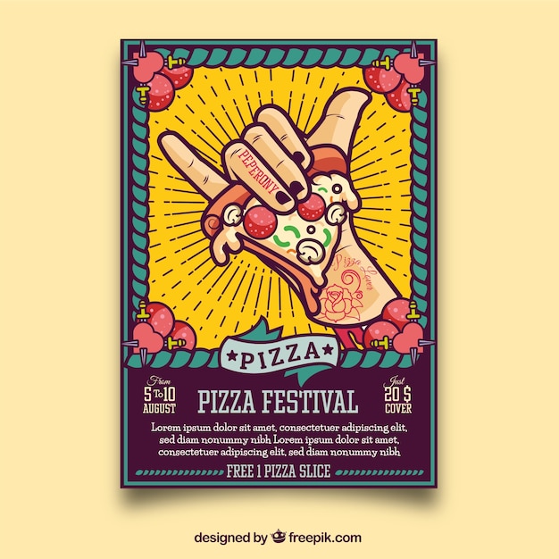 Kostenloser Vektor handzeichen mit einem stück pizza zum festival