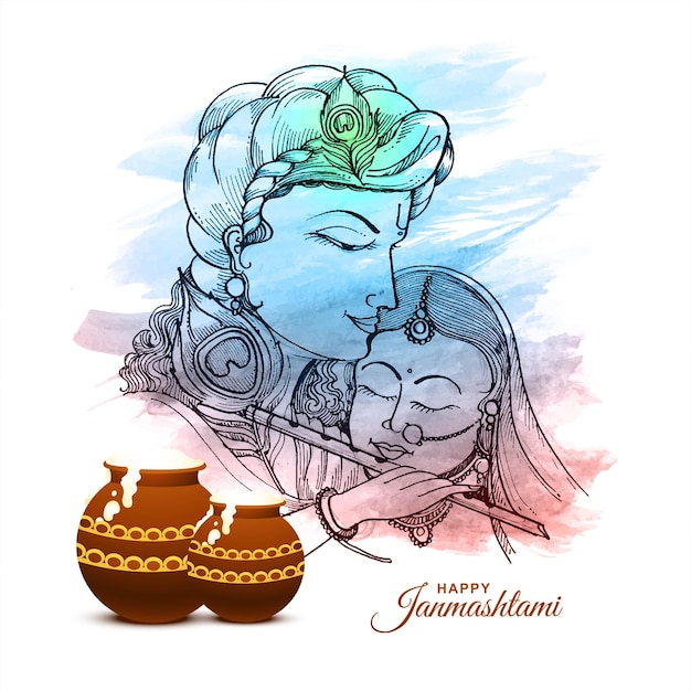 Handzeichnungsskizze lord krishna im glücklichen janmashtami-feiertagshintergrund