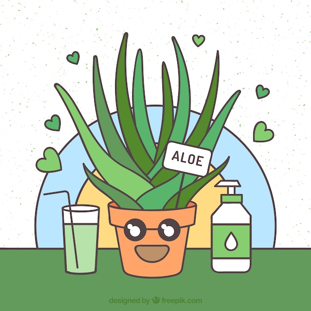 Happy aloe vera pflanze hintergrund und produkt in linearen stil