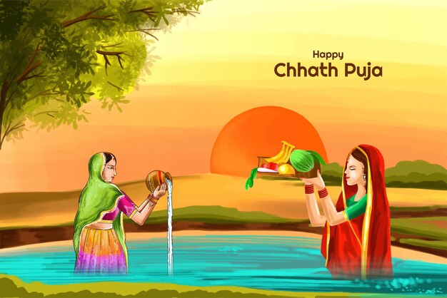 Kostenloser Vektor happy chhath puja traditionelle indische festkarte landschaftshintergrund