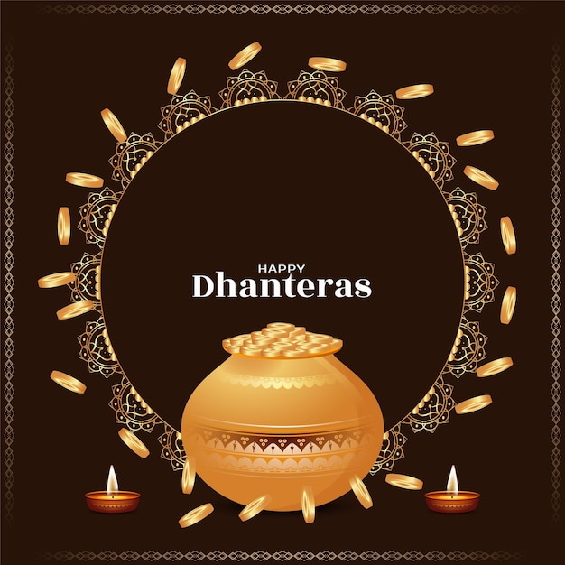 Happy dhanteras indisches fest brauner hintergrund mit goldenen münzen vektor