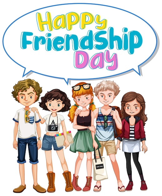 Kostenloser Vektor happy friendship day-logo-banner mit teenager-gruppe