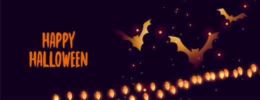 Kostenloser Vektor happy halloween banner mit leuchtenden fledermäusen und lichter