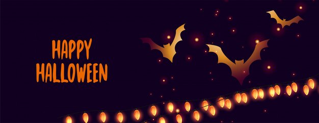 Happy Halloween Banner mit leuchtenden Fledermäusen und Lichter