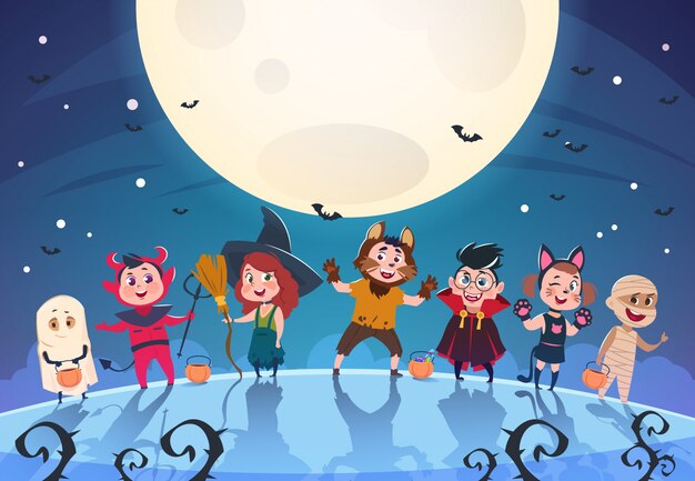 Happy Halloween Hintergrund Monster Und Kinder In Kostumen Halloween Party Poster Oder Einladung Vorlage Premium Vektor