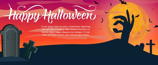 Happy halloween schriftzug, beispieltext und friedhof