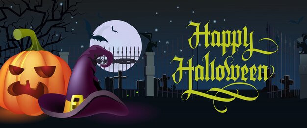 Happy Halloween Schriftzug. Hexenhut und Kürbis am Friedhof