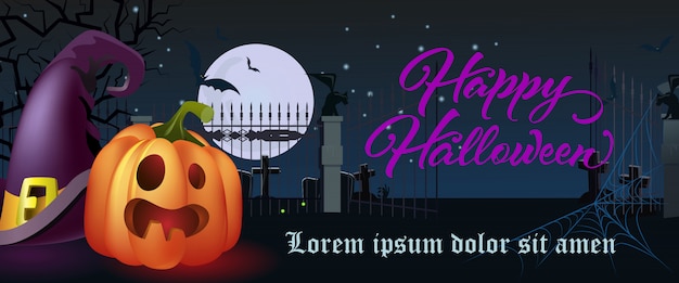 Happy halloween schriftzug. hexenhut und kürbis auf friedhof