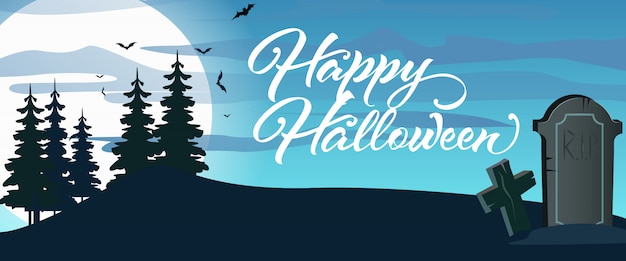 Happy Halloween-Schriftzug mit Friedhof, Mond und Wald