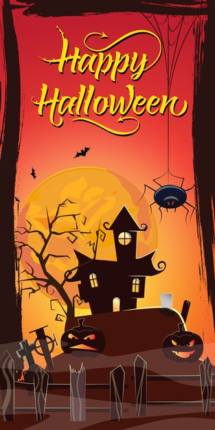 Happy Halloween Schriftzug. Spukhaus, Kürbisse und Spinne