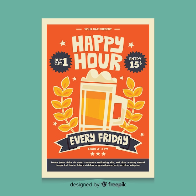 Happy Hour Poster mit Bier in einer Tasse